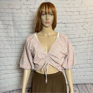 NWT New dRA Plaid Puff Sleeve Crop Top Size L